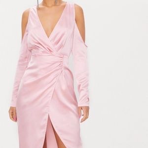 Dusty Pink Satin Cold Shoulder Plunge Wrap Detail